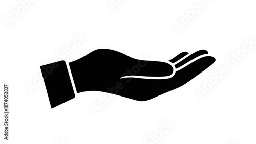 Black Hand Silhouette Offering Help on White Background, Isolated Gesture