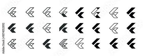 Set of geometric arrow icons in black and white in various styles and designs