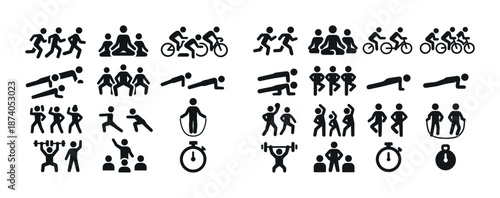 Set of fitness icons depicting exercise activities and sports