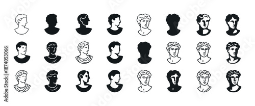 Set of classical male bust silhouettes and line drawings