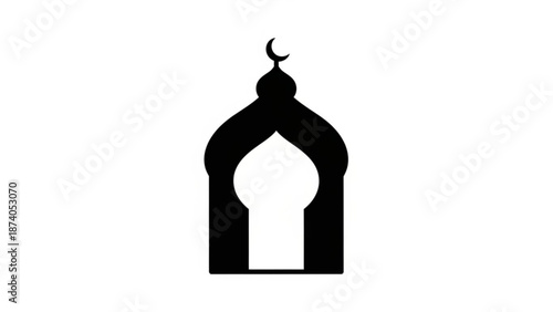 Islamic Archway Silhouette with Crescent Moon on White Background