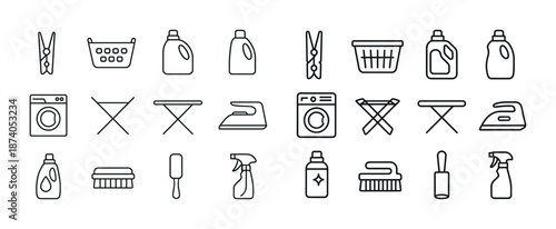 Laundry and cleaning icons set: detergents, irons, laundry basket, pegs, brushes