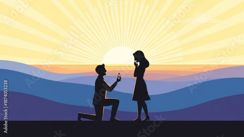 Man Proposing to Woman at Sunset on Mountain Hill, Silhouette Illustration