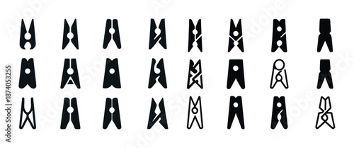 Collection of various black clothespin icons in simple silhouette design