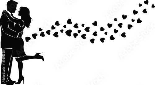 Romantic couple silhouette vector illustration with hearts, love embrace, lifted leg pose, Valentine’s Day design for wedding and relationship themes