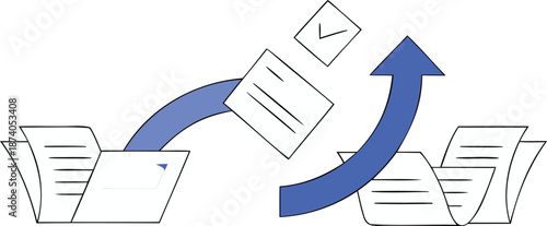 A vector scene depicting multitasking success through abstract office workflow optimization with flying documents and arrows