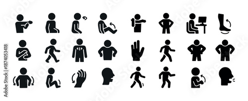 Set of stick figure pictograms demonstrating various movements and gestures