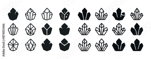 Set of geometric and solid crystal shapes in black and white