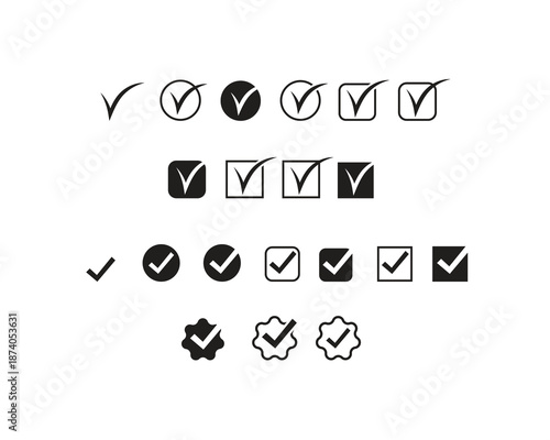 Black check mark icon set isolated on white background. Symbol computer and mobile vector for web sites.