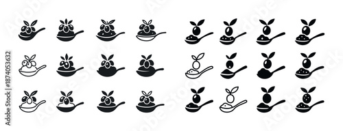 Row of spoon and berry icons in black and white with various styles