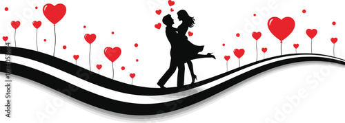 Romantic couple silhouette with heart balloons, love embrace pose, Valentine celebration vector for wedding, dating, and romantic design themes.