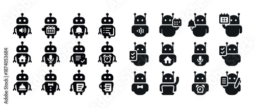 Set of black robot icons with various functions and accessories