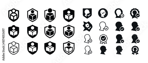 Set of user profile and verification icons in black and white