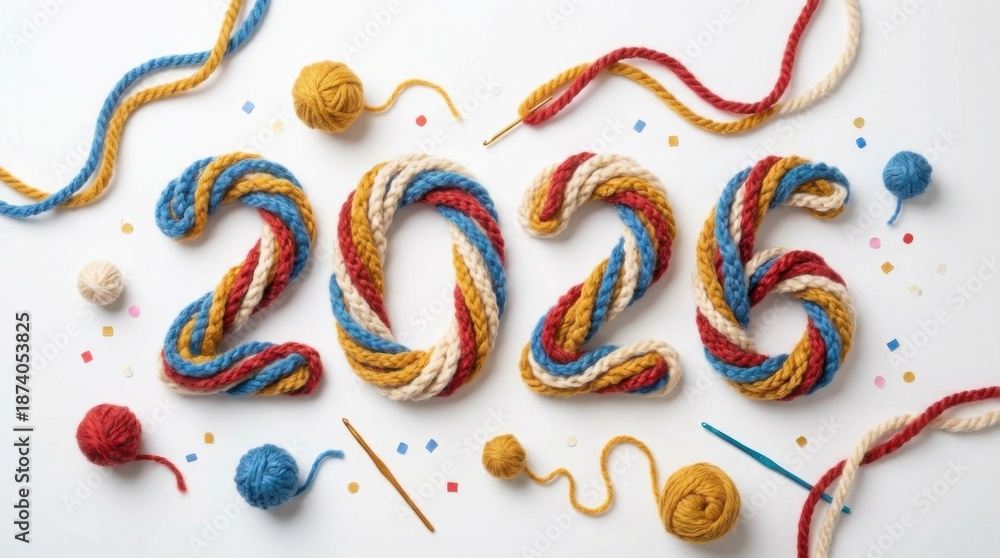 Obraz premium 2026 crochet yarn texture on clean white background playful celebratory composition perfect for new year posters cards and social media templates