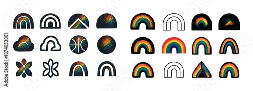 Colorful rainbow icons set with various geometric shapes and patterns