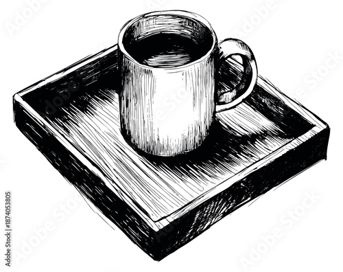 Hand drawn line art illustration of a coffee cup on a serving tray depicting a hot beverage for breakfast or cafe concepts