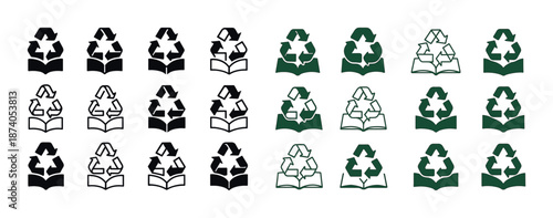 Recycling and book icons in various styles and shades