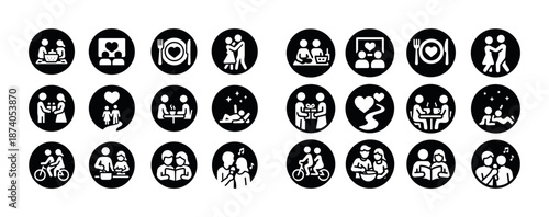 Icon set of various activities: dining, dancing, reading, exercising, and romance