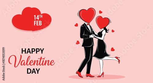 Romantic couple with heart heads embracing on Valentine's Day with pink background, red hearts, and festive love celebration typography