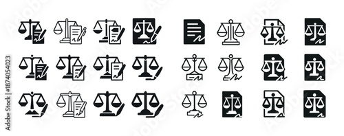 Set of legal icons depicting scales, contracts, and signatures
