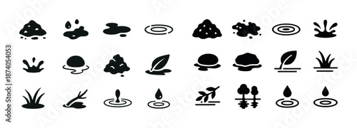 Collection of various splash and nature icons in black silhouette style