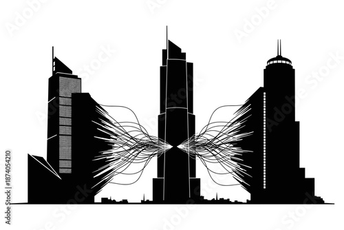 Dynamic urban network illustration depicting interconnected skyscrapers with abstract data flows, symbolizing modern metropolitan infrastructure and technological progress