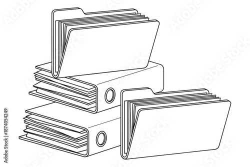 Clean outline graphic depicting systematic document organization, featuring binders and folders for efficient information management and data archiving