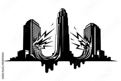 Dynamic monochrome graphic icon of a modern city skyline with towering skyscrapers, abstract liquid splash elements, symbolizing urban power and architectural strength