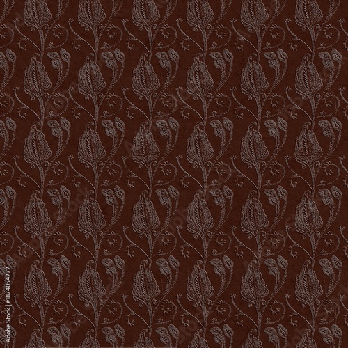 Seamless vintage damask floral pattern in dark brown tones with textured background. Elegant classic design ideal for luxury wallpaper and upholstery.