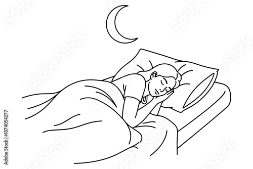 Woman sleeping peacefully under a crescent moon, illustrating a serene night and restful slumber, ideal for themes of dreams and nighttime tranquility
