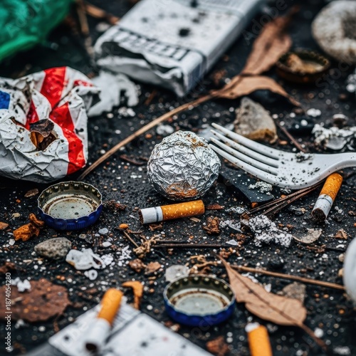 Extreme close-up of a decaying, filthy surface covered in diverse discarded refuse, creating a dirty, high-contrast urban backdrop, wreckage, contamination, cardboard