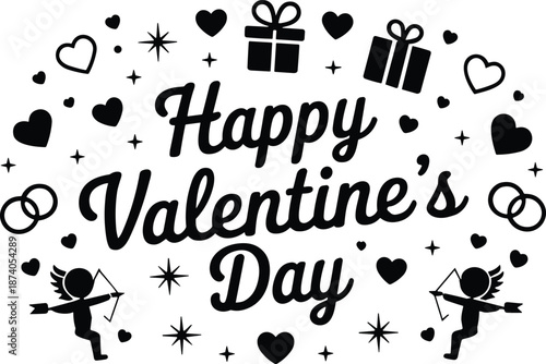 Romantic Happy Valentine’s Day vector illustration with hearts, cupids, gift boxes, wedding rings, stars, and festive love celebration design