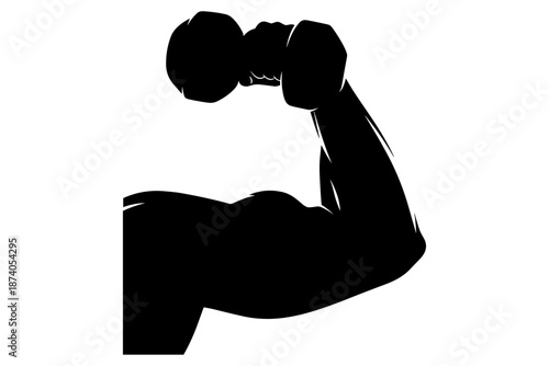 Silhouette of a powerfully muscled arm lifting a dumbbell, representing strength training, fitness, and bodybuilding goals