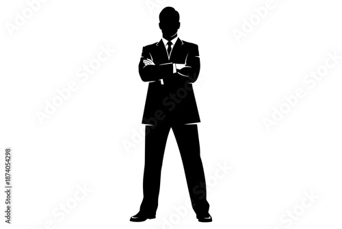 Silhouette of a businessman in a suit with arms crossed, symbolizing professionalism, confidence, and corporate success in a minimalist design
