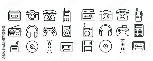 Vintage electronics icons collection: camera, phone, radio, cassette, game controller, headphones