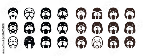 Set of 20 walrus icons in black and brown variations