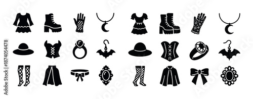 Gothic fashion icons set: clothing, footwear, jewelry, accessories in black silhouettes