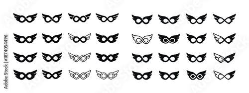 Collection of 30 winged eye mask icons in black and white designs