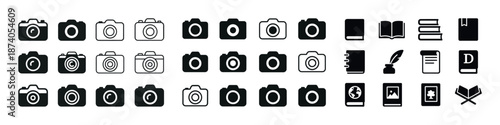 Camera and book icons in various styles and formats across rows