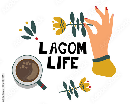 Lagom. Lagom life. Scandinavian poster. Nature and humans elements vector flat design stock illustration.