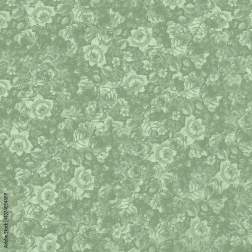 Seamless vintage floral wallpaper pattern in muted sage green tones. Dense botanical illustration with leaves and flowers, perfect for textiles and home decor.