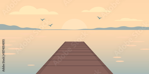 Pier boards extending into calm water illustration. Wooden planks perspective. Gentle water ripple reflection. Distant shoreline shapes. Minimal coastal scene.