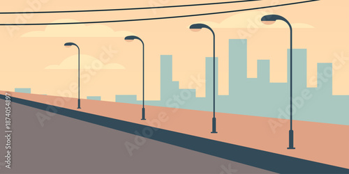 Sidewalk curb silhouette illustration. Diagonal curb line. Street light shapes beside road. City skyline background. Power lines overhead.