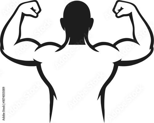 "Vector illustration of a muscular person flexing arms from back view on a white background"
