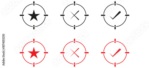 target circular icons with star and checkmark symbols, black and red web ui design elements