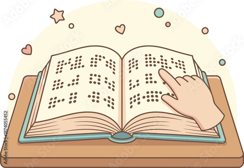 Open book with Braille text being read by a finger, symbolizing literacy and accessibility for the visually impaired