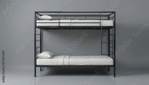 Modern black metal bunk beds with white bedding and pillows