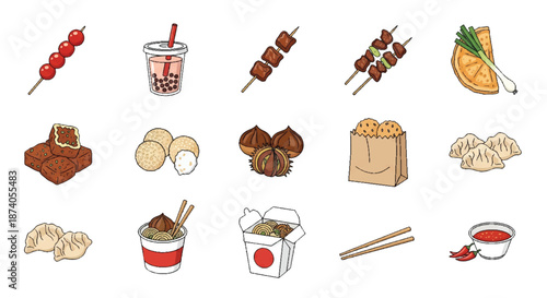 Asian Street Food Icon Set Vector Illustration - Traditional Snacks and Takeout Graphic