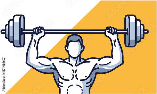 "Vector illustration of a muscular person lifting barbell overhead on a white background"