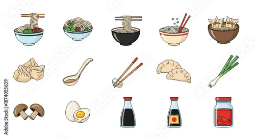 Asian Ramen Noodles and Dumplings Vector Icon Set - Japanese and Chinese Food Graphic
